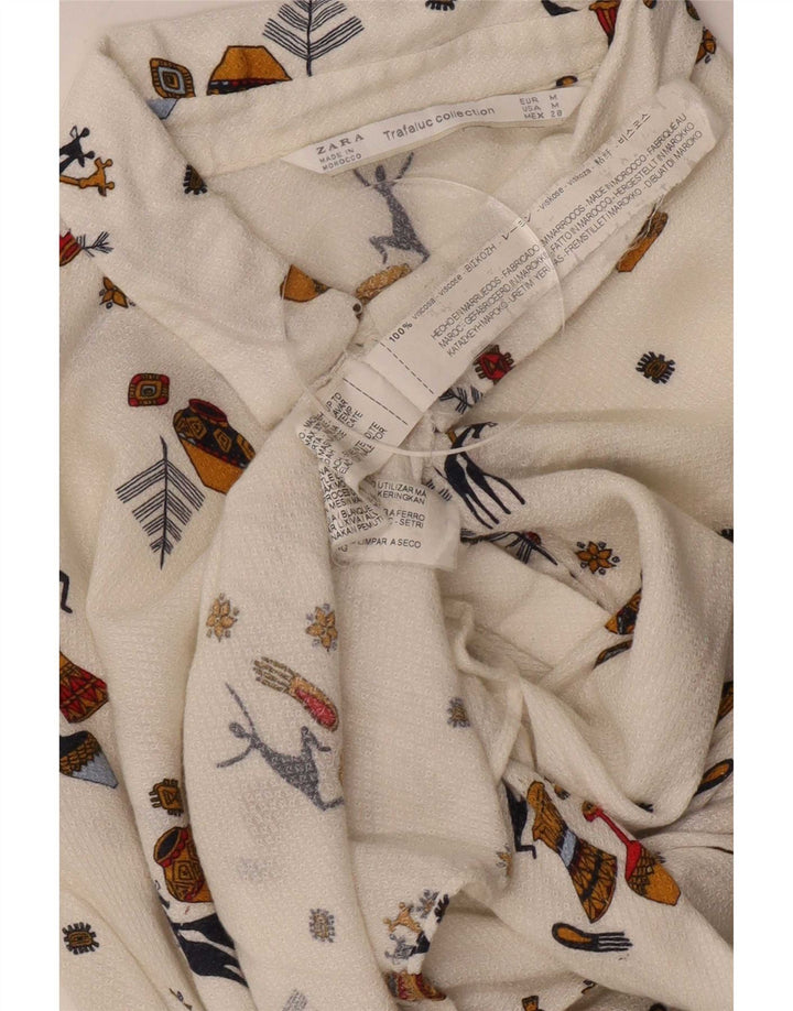 Zara Dame Trafaluc abstrakt mønster skjortebluse UK 14 Medium White