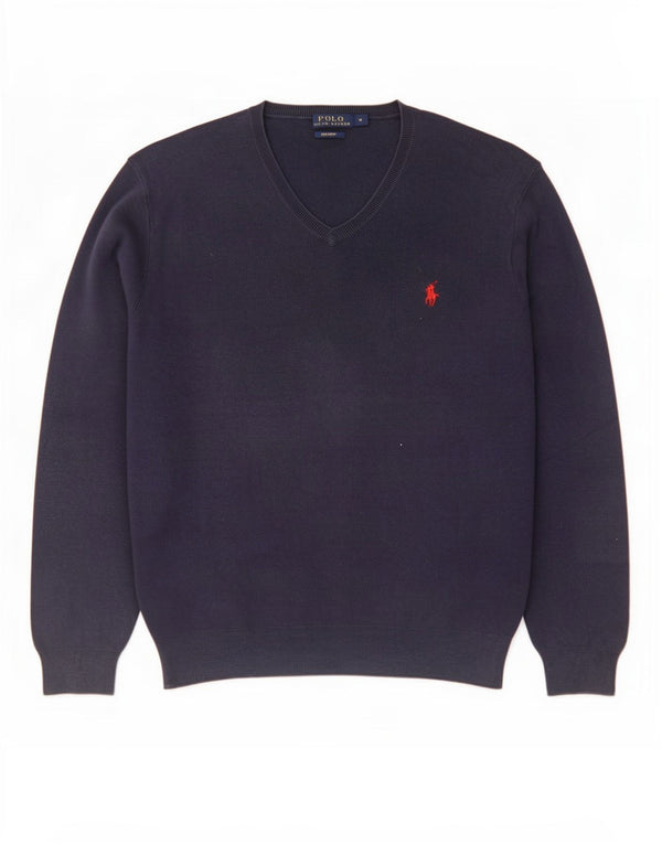 Polo Ralph Lauren Mens V-Neck Jumper Sweater Medium Navy Blue Cotton