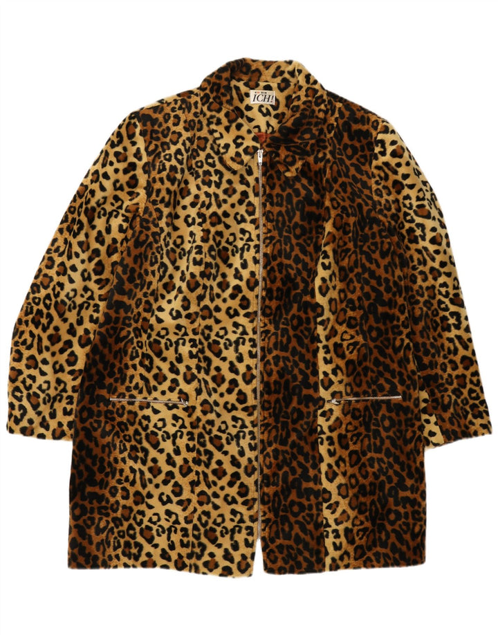 ICHI Dame imiteret Pels Overfrakke UK 16 Large Brown Animal Print Polyester