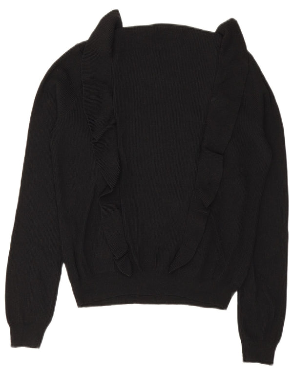 Zara Dame Flæse Front Crew Neck Jumper Sweater UK 12 Medium Black