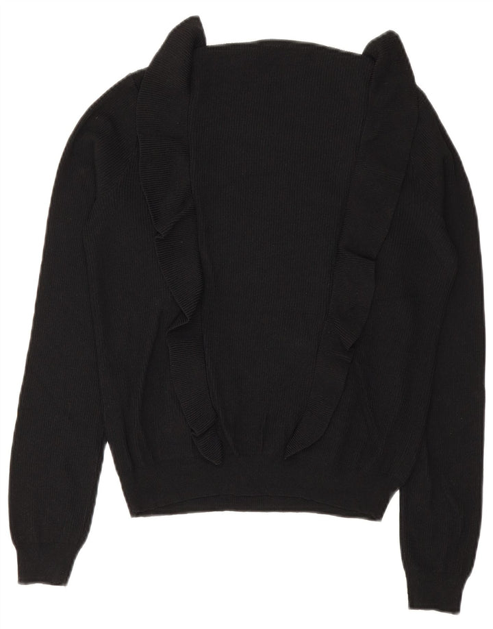 Zara Dame Flæse Front Crew Neck Jumper Sweater UK 12 Medium Black