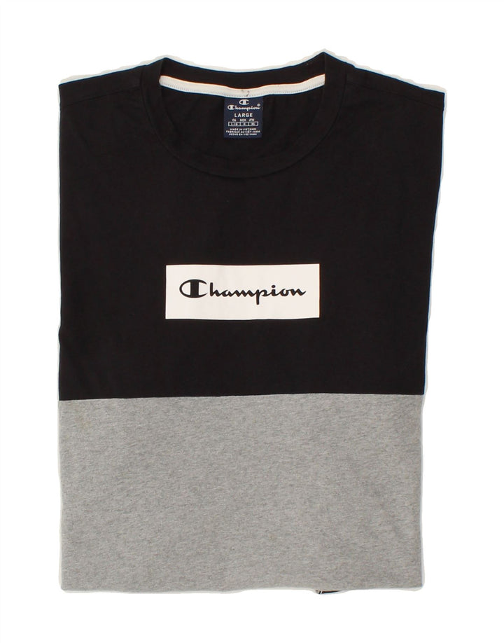 CHAMPION Mens Graphic T-Shirt Top Large Black Colourblock Vintage Champion and Second-Hand Champion from Messina Hembry 