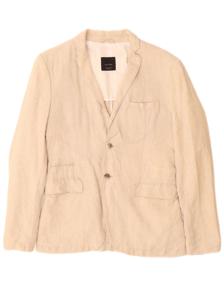 ZARA Mens 2 Button Blazer Jacket EU 48 Medium Beige Linen