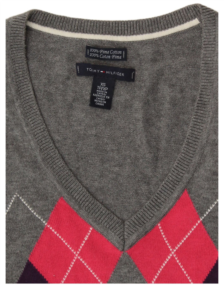 TOMMY HILFIGER Dame V-hals sweater UK 6 XS Grey Argyle/Diamond