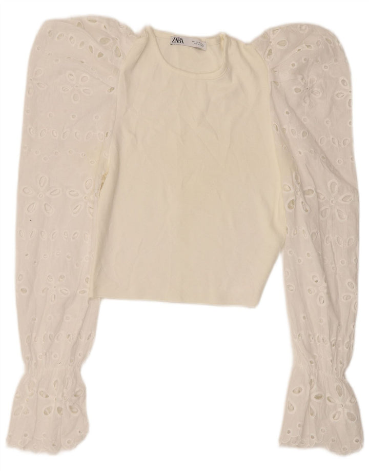 Zara Womens Crop Top Langærmet UK 8 Small White Floral