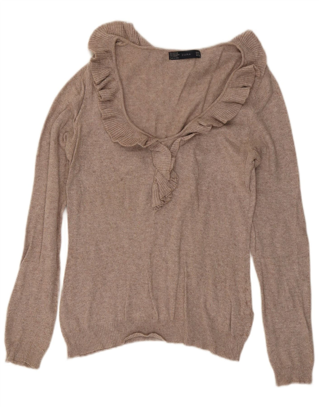 Zara Dame Flæse Front V-hals Jumper Sweater UK 12 Medium Beige Flecked