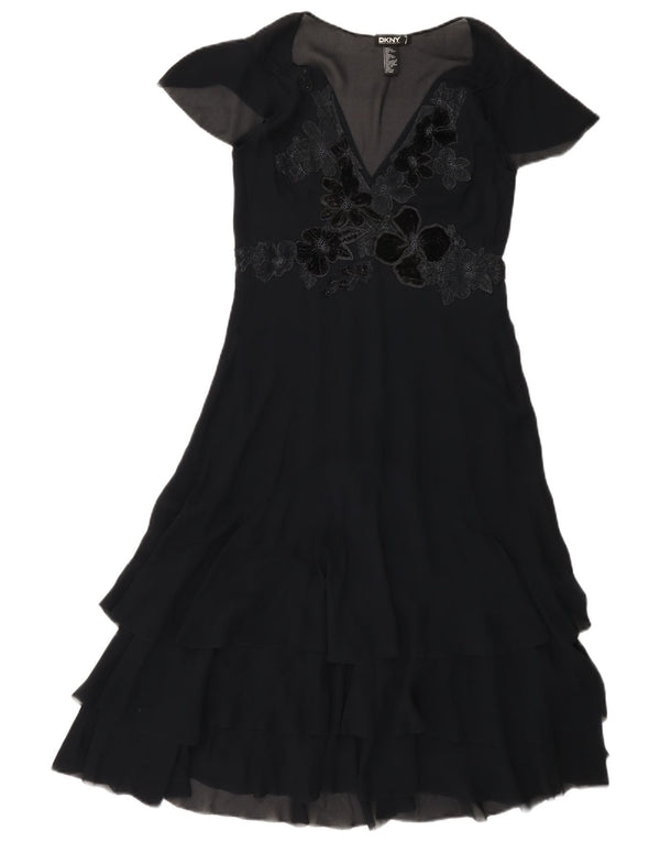 Dkny Womens Tiered Dress US 4 Small Navy Blue Floral Silke