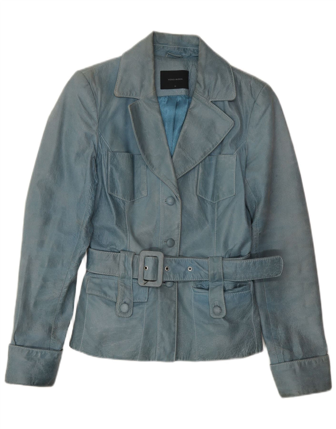 VINTAGE Dame Læderjakke UK 12 Medium Blue