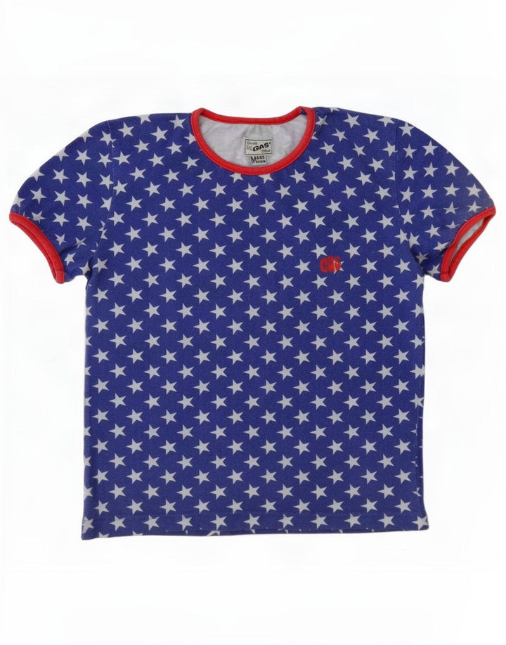 Gas Dame Abstrakt T-Shirt Top UK 14 Medium Blue Cotton