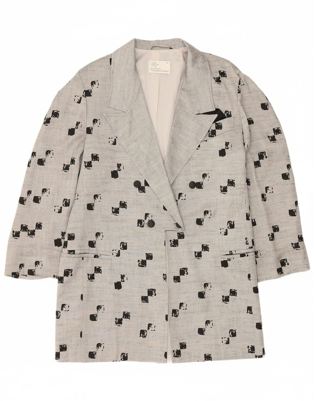 VINTAGE Womens Overcoat EU 42 Large Grey Geometric Polyester