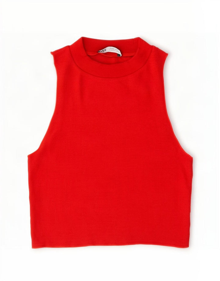 Zara Womens Crop Vest Top UK 8 Lille Rød Bomuld