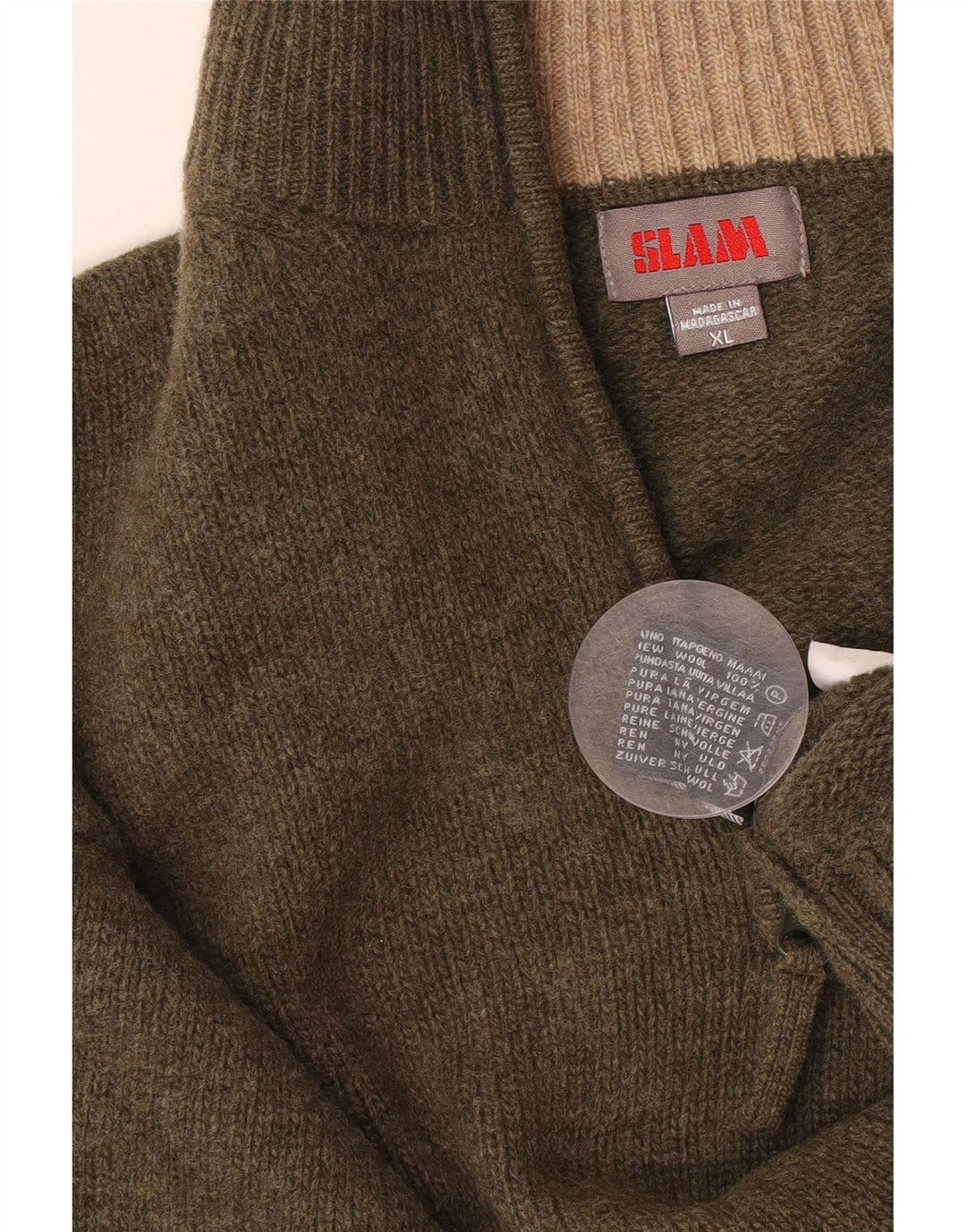 Slam Herre Zip Neck Jumper Sweater XL Khaki Virgin Wool