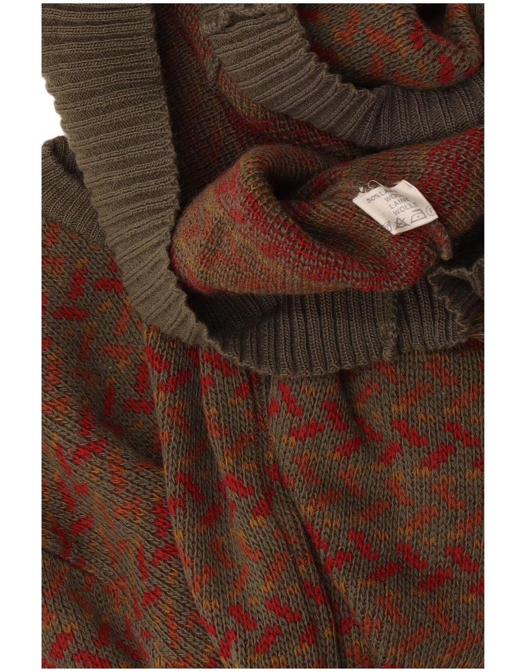 Vintage mænd med rund hals sweater Medium Khaki geometrisk uld