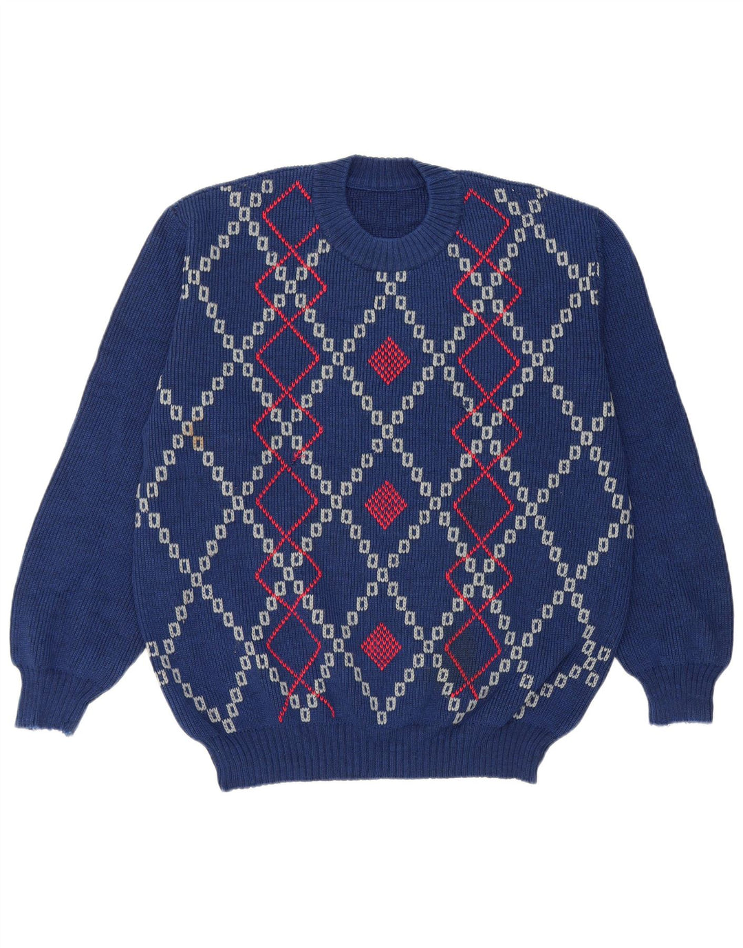 Vintage Herre Crew Neck Jumper Sweater Large Blue Argyle/Diamond