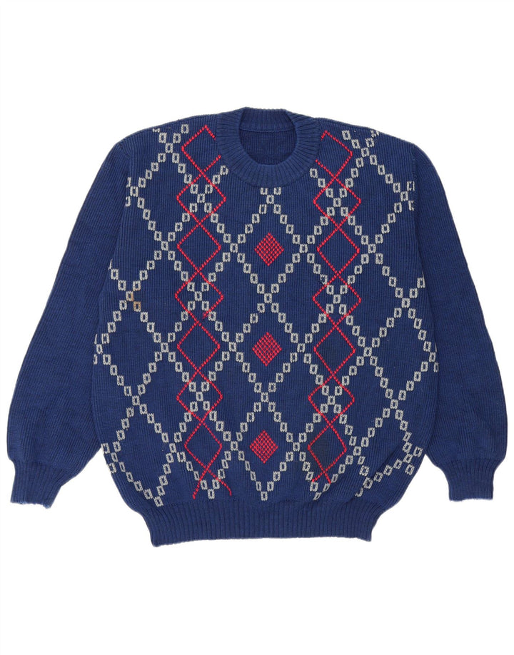 Vintage Herre Crew Neck Jumper Sweater Large Blue Argyle/Diamond