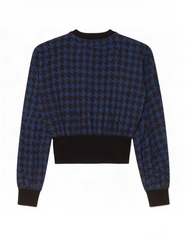 Vintage Dame Langærmet Bluse Top UK 12 Medium Blue Houndstooth Bomuld