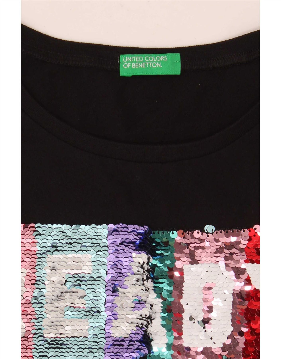 Benetton Dame Grafisk T-Shirt Top UK 10 Lille Sort