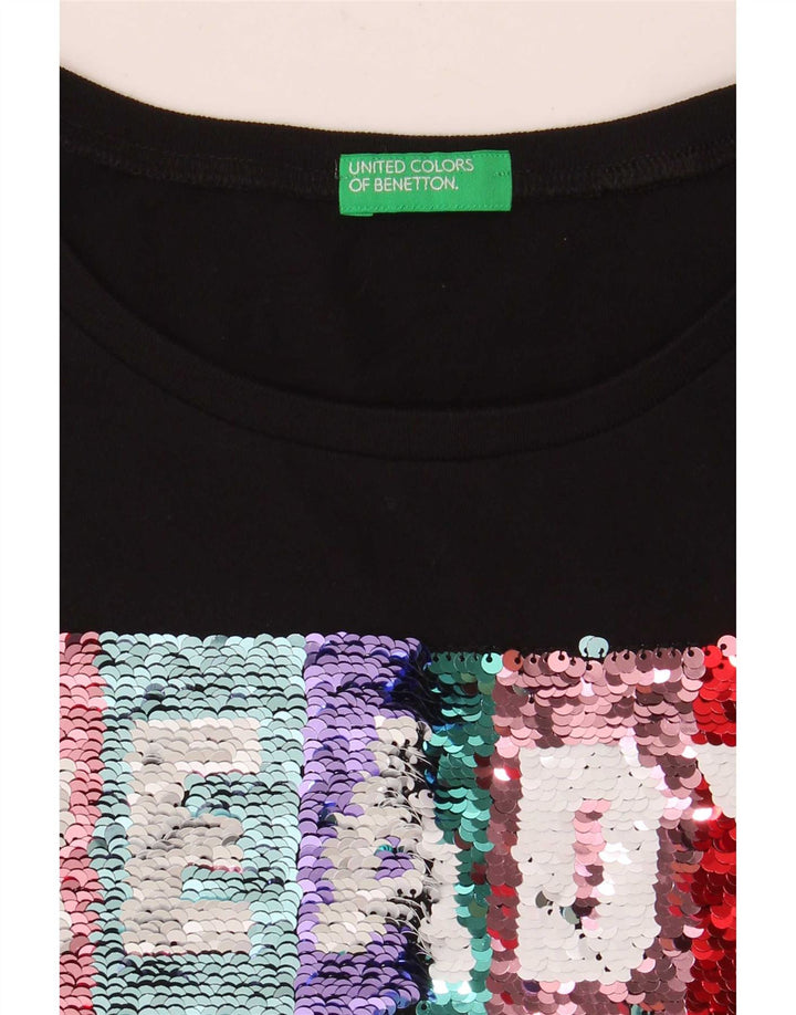 Benetton Dame Grafisk T-Shirt Top UK 10 Lille Sort