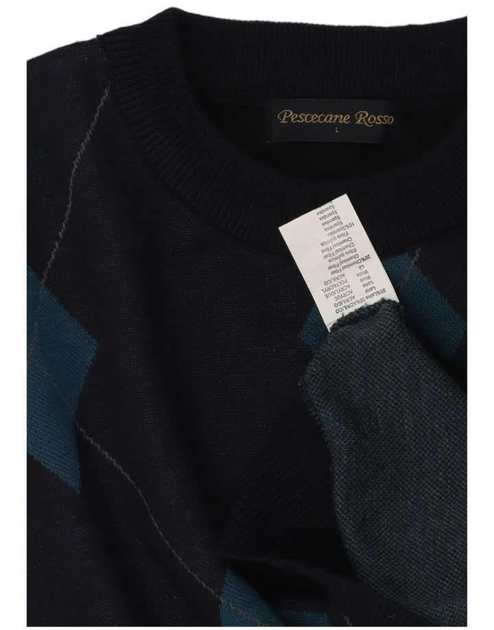 Vintage herre rund hals sweater stor marineblå Argyle/diamant uld