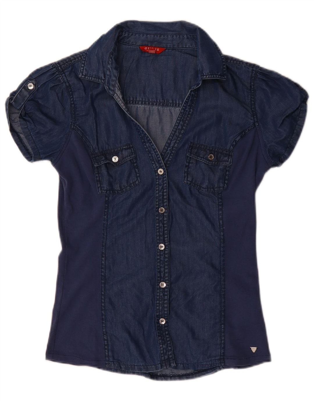 GUESS Dame Kortærmet Denim Shirt Bluse UK 12 Medium Navy Blue Tencel