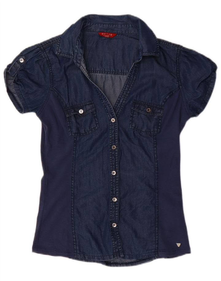 GUESS Dame Kortærmet Denim Shirt Bluse UK 12 Medium Navy Blue Tencel