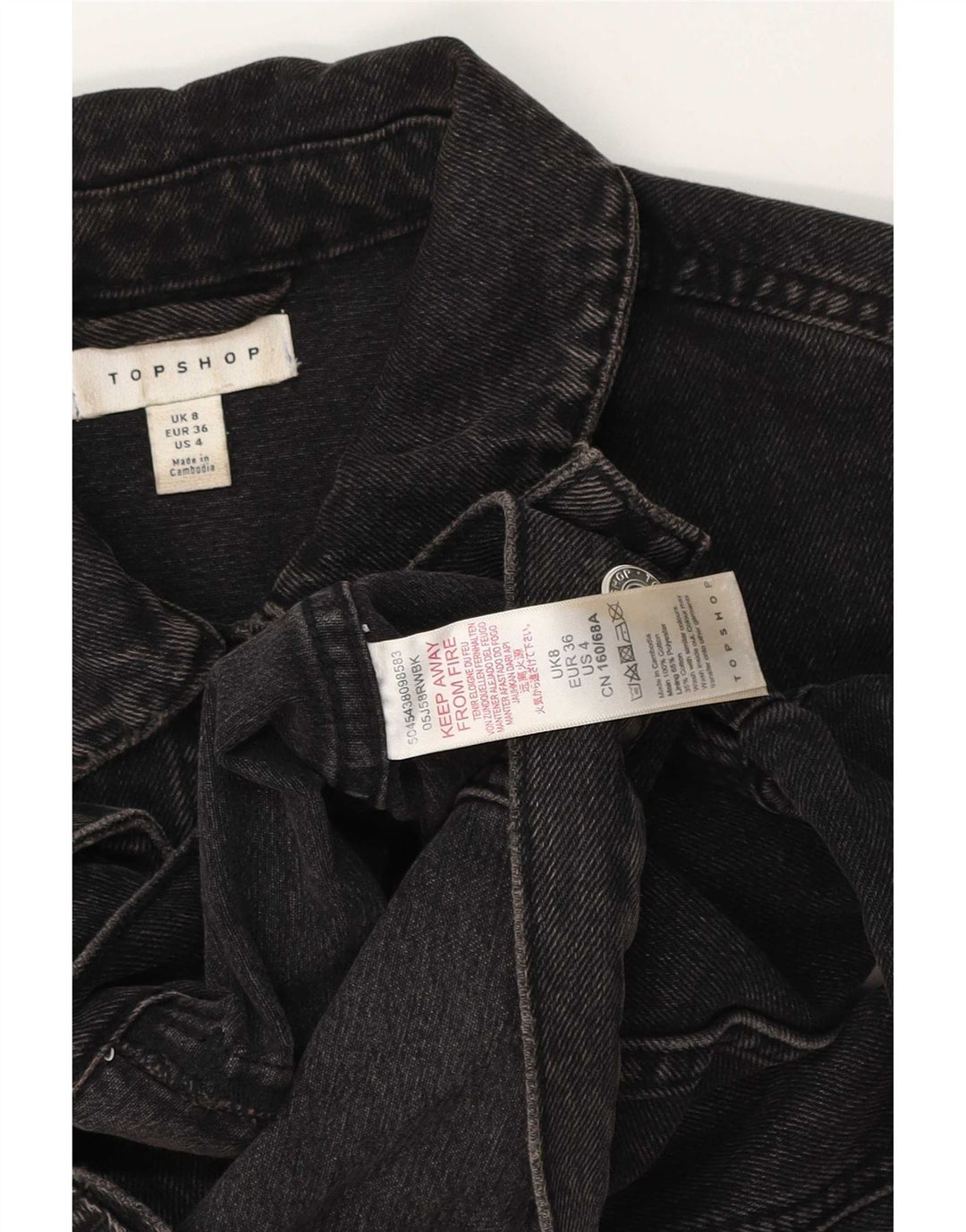 Topshop Dame Crop Denim Jacket UK 8 Small Black Bomuld