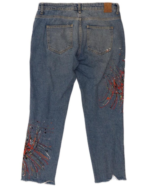 Zara grafiske cropped jeans til kvinder EU 40 Medium W30 L26 blå plettet bomuld