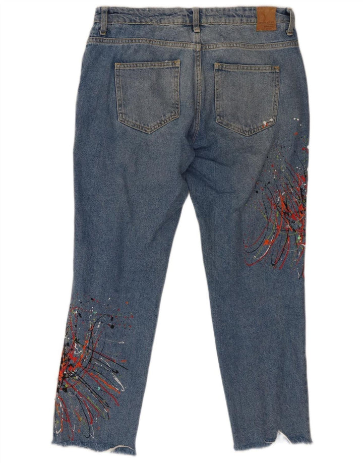 Zara grafiske cropped jeans til kvinder EU 40 Medium W30 L26 blå plettet bomuld