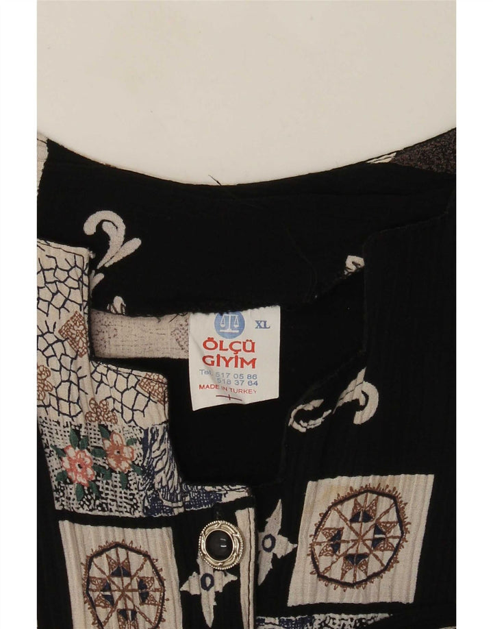 Vintage Dame Langærmet A-Line Kjole UK 18 XL Sort Patchwork