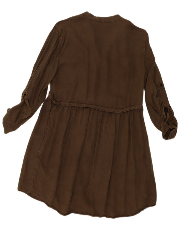 Zara Dame 3/4 ærmet skjortekjole UK 10 Small Khaki Lyocell