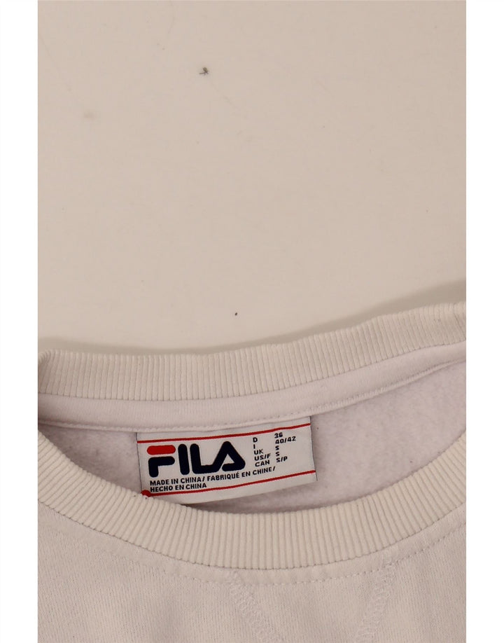 FILA Womens Graphic Sweatshirt Jumper UK 10 Small White Cotton Vintage Fila and Second-Hand Fila from Messina Hembry 
