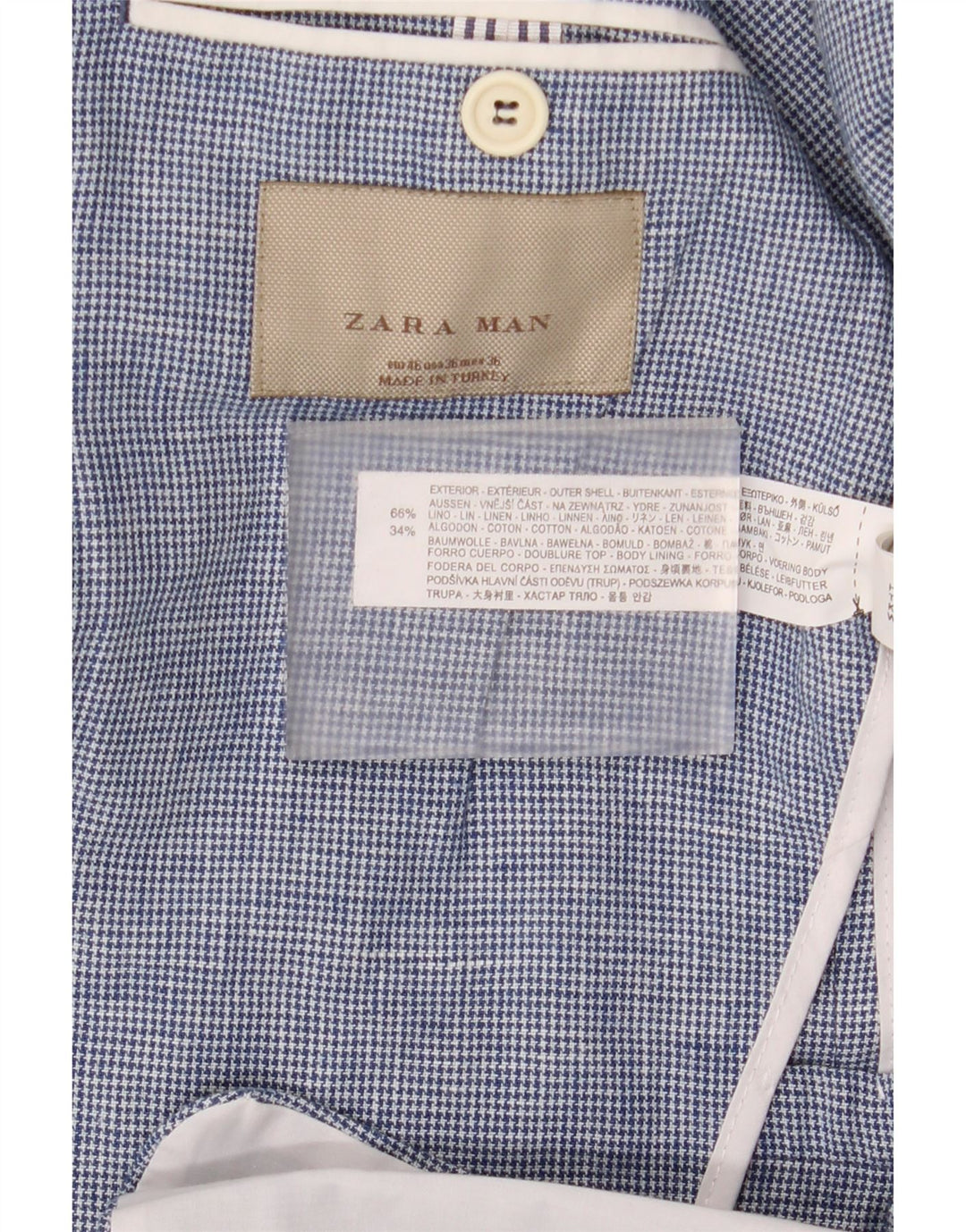 Zara Herre 2-knaps blazerjakke EU 46 Small Blue Houndstooth Linned