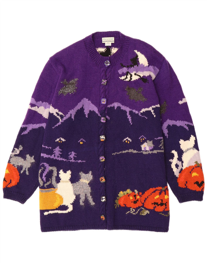 VINTAGE grafisk cardigan sweater til kvinder UK 20 2XL Lilla Colourblock Uld