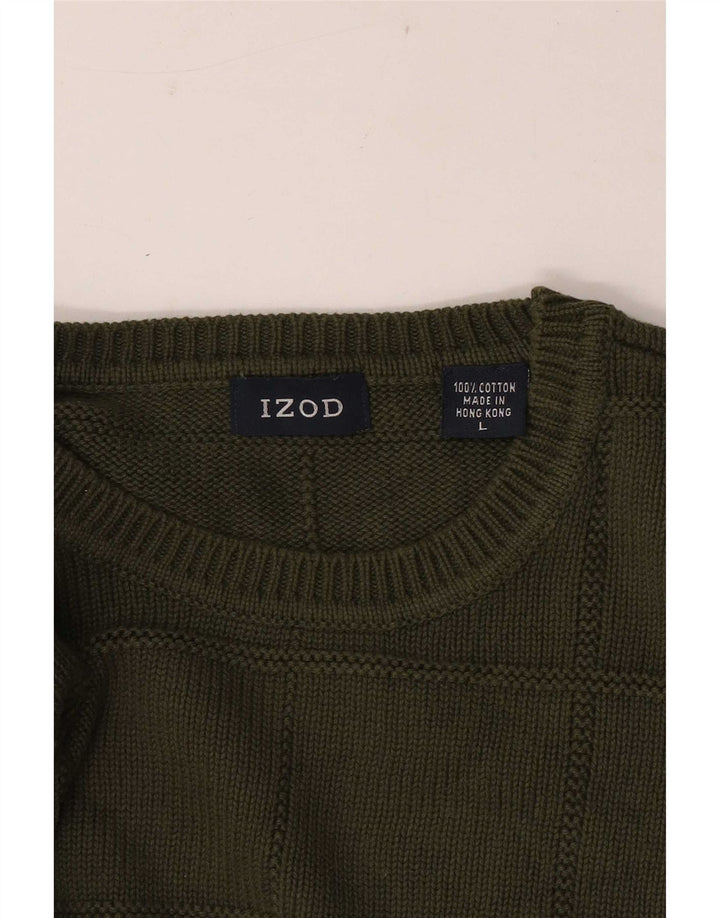Izod Herre Crew Neck Jumper Sweater Stor Khaki Check Bomuld