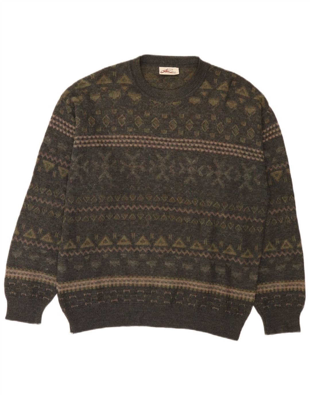 Rodes Herre Crew Neck Jumper Sweater Medium Khaki Fair Isle Wool