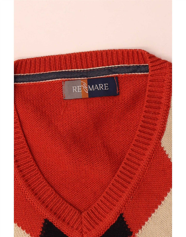 Re Del Mare Herre V-hals sweater Medium Orange Argyle/Diamond Wool
