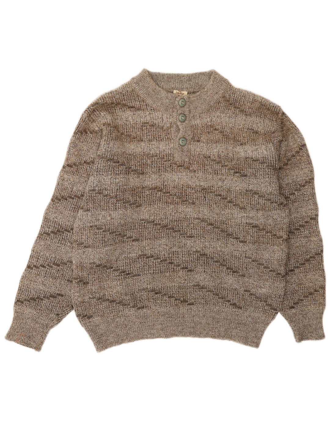 Vintage Dame Button Neck Jumper Sweater UK 16 Stor brun stribet uld