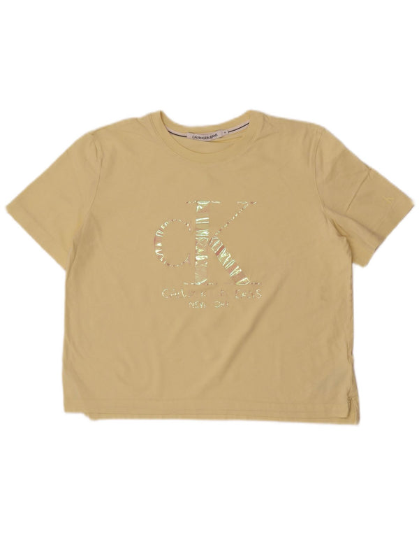 Calvin Klein Jeans Dame Crop Grafisk T-Shirt Top UK 18 XL Gul Bomuld