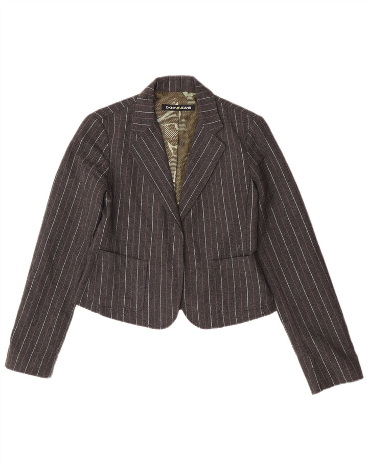 Dkny Womens Crop Open Blazer Jacket UK 12 Medium Grey Pinstripe Polyester