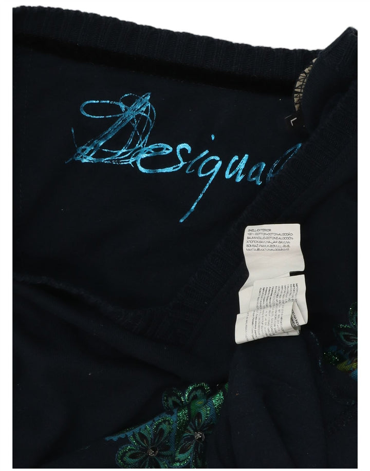 DESIGUAL Dame Grafisk Top Langærmet UK 14 Large Navy Blue Floral