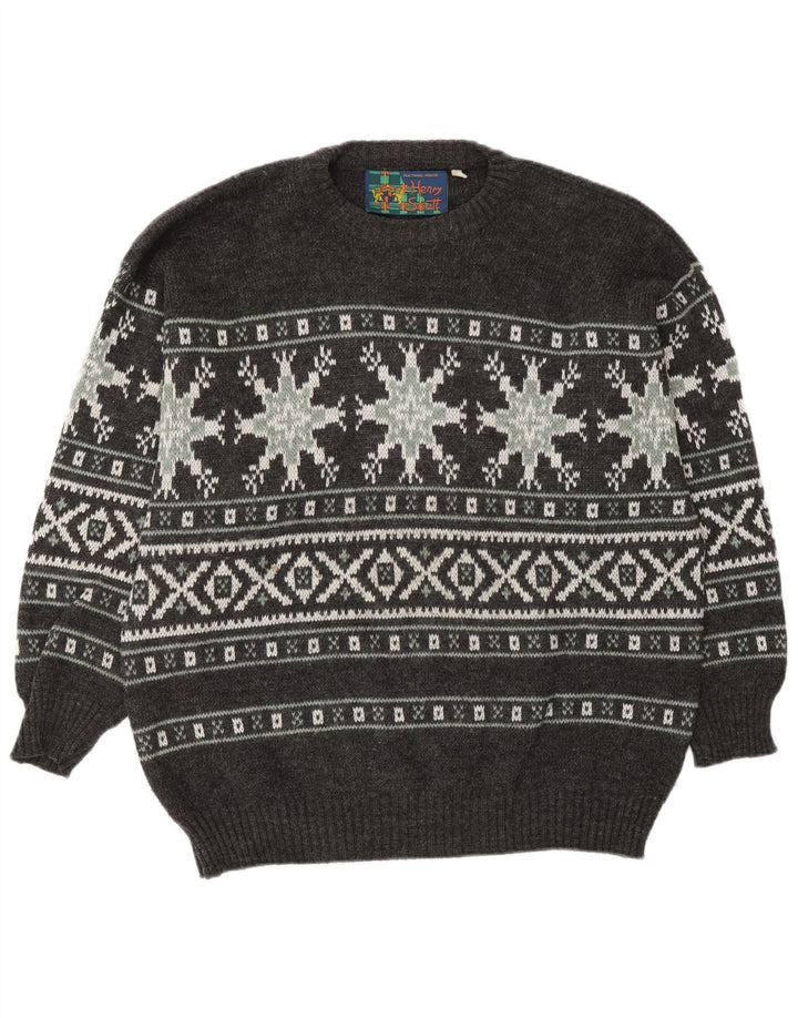 Henry Scott Herre Crew Neck Jumper Sweater Medium Grey Fair Isle Akryl