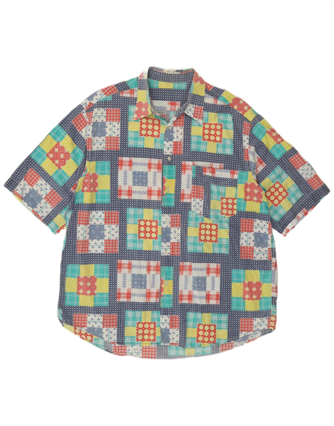 VINTAGE Kortærmet Herreskjorte XL Flerfarvet Patchwork Bomuld