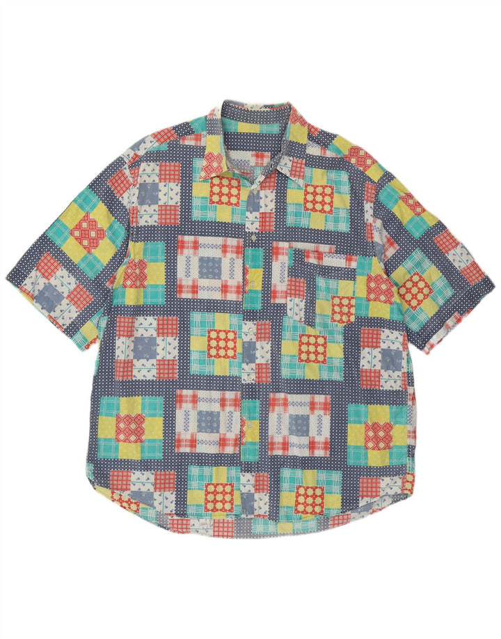 VINTAGE Kortærmet Herreskjorte XL Flerfarvet Patchwork Bomuld