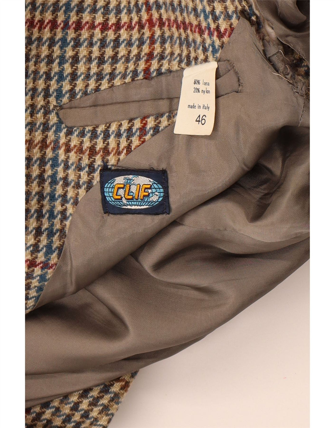 Vintage herre 2-knaps blazerjakke IT 46 Small Beige Houndstooth Uld