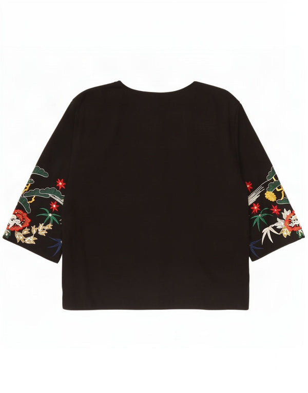Vintage Kvinders Grafisk Cardigan Top UK 14 Large Black Floral Bird