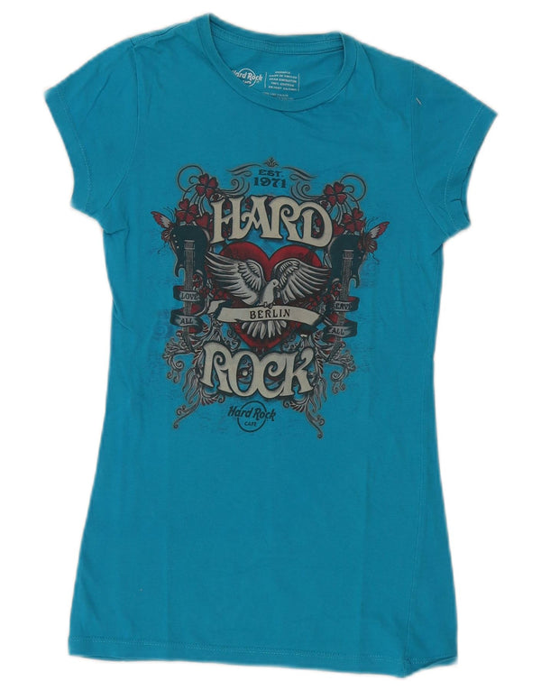 Hard Rock Cafe Dame Berlin Grafisk T-Shirt Top UK 2 2XS Blå Bomuld