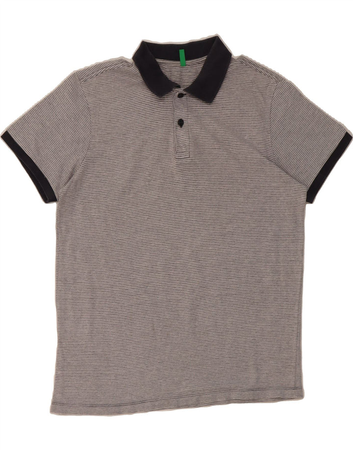 BENETTON Mens Polo Shirt Large Grey Striped Cotton Vintage Benetton and Second-Hand Benetton from Messina Hembry 