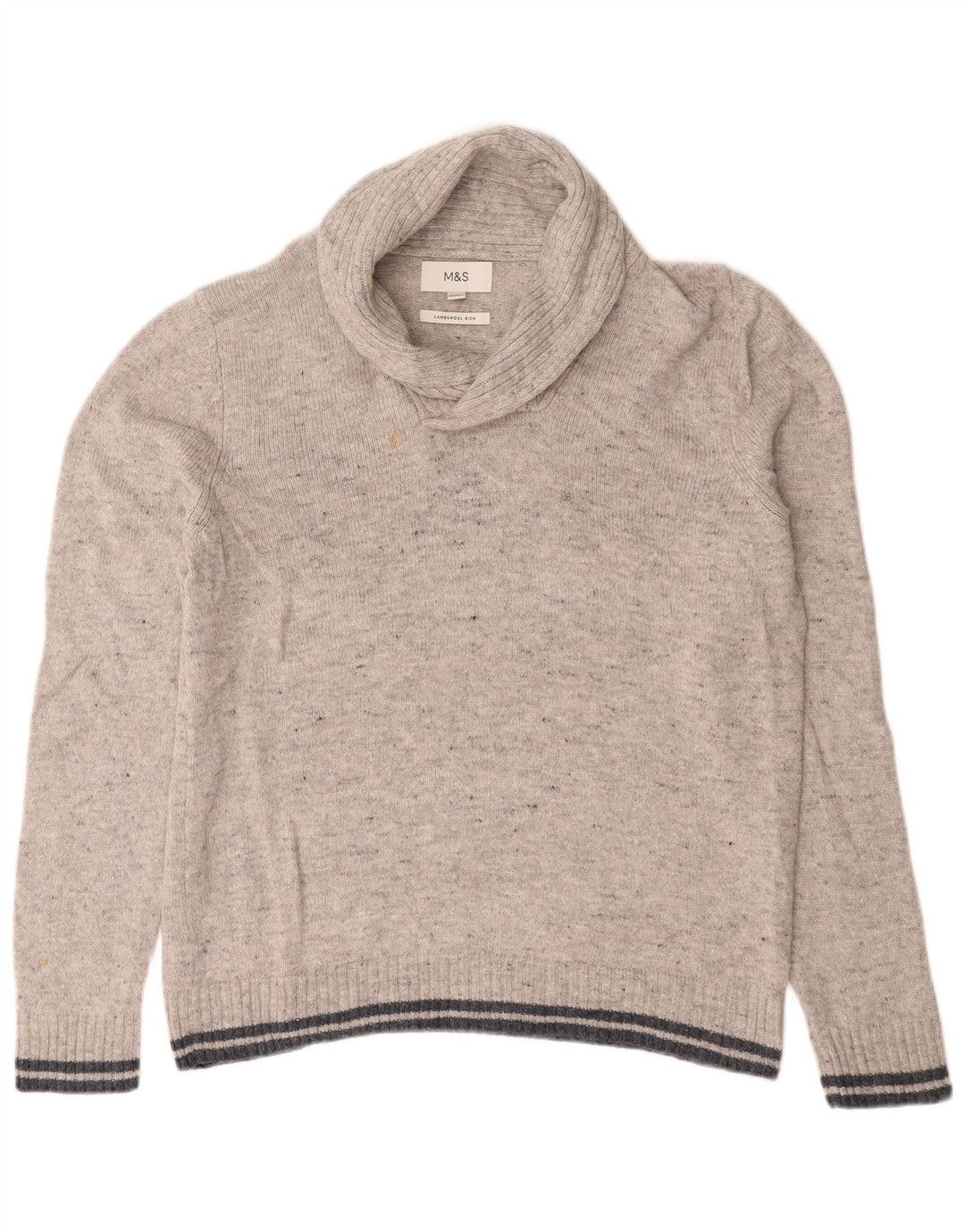 Marks & Spencer Herre Shawl Neck Jumper Sweater Large Grey Flecked Lammeuld
