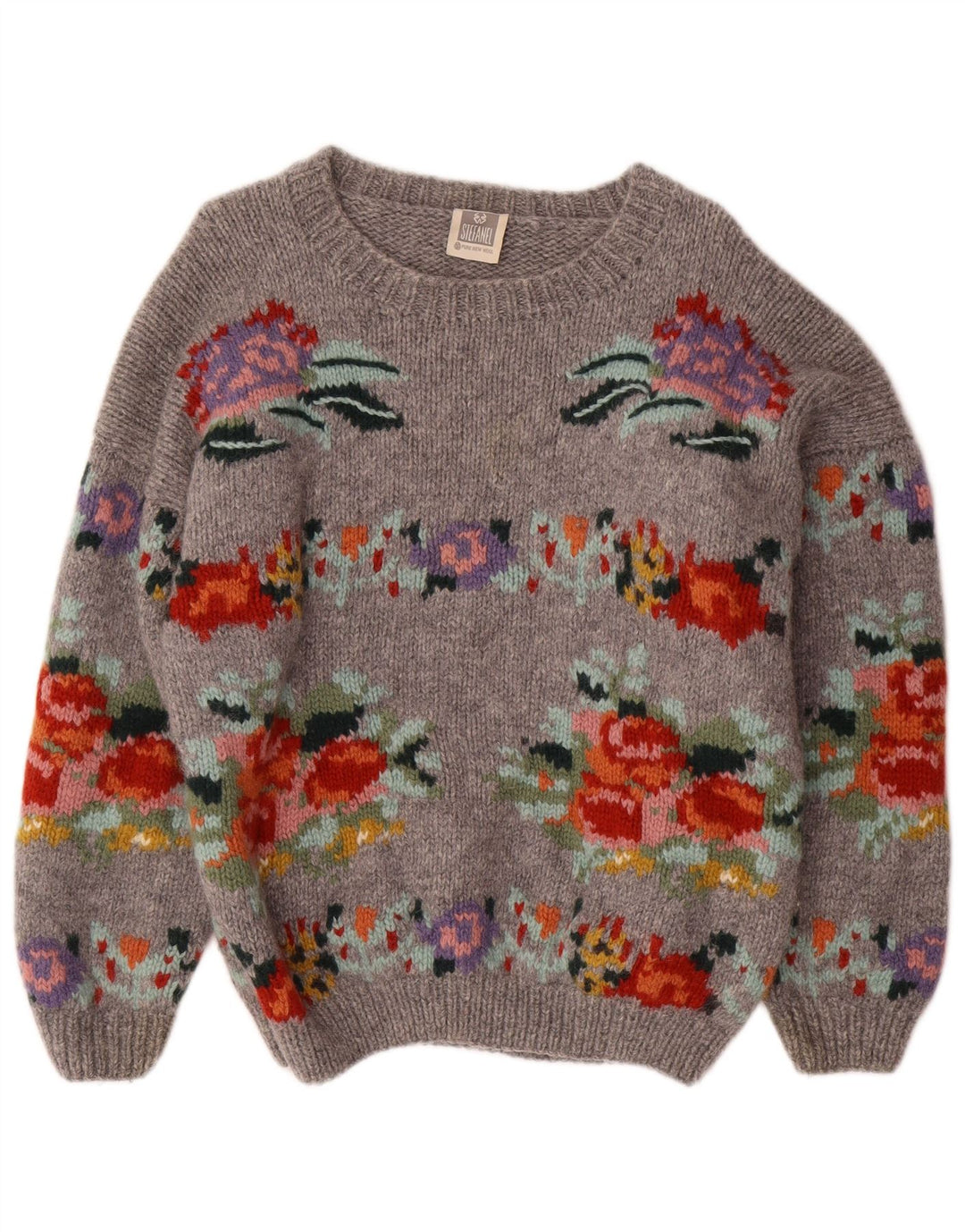 STEFANEL Dame Boat Neck Jumper Sweater UK 14 Medium Grey Floral