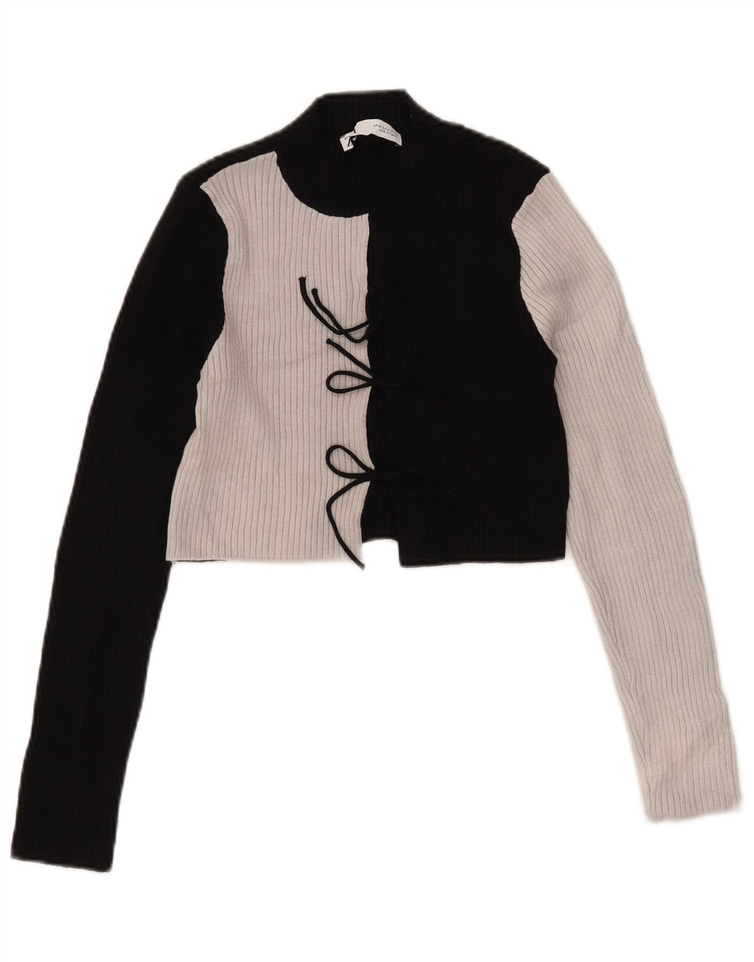 Zara Womens Crop Top Langærmet UK 12 Medium Black Colourblock Viscose